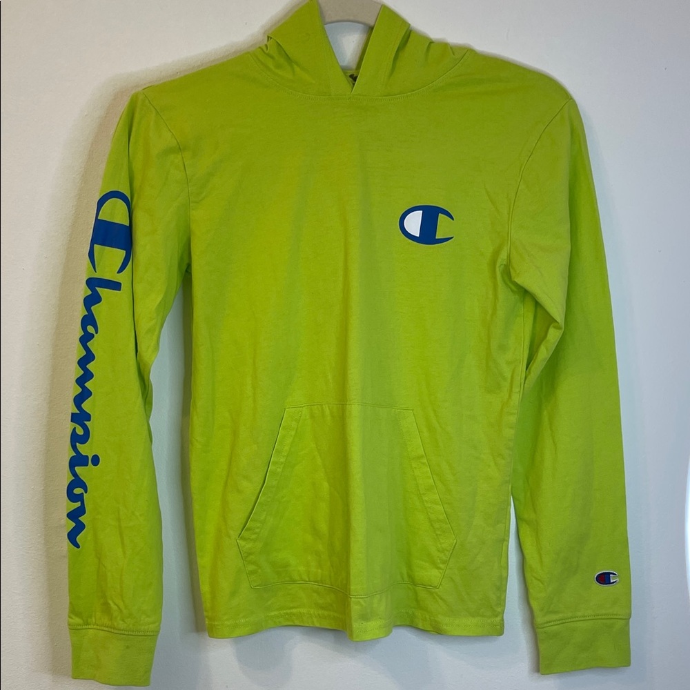 Champion Neon Green Hoodie with Blue Accents Size Large